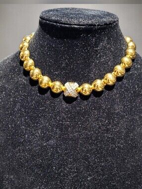 Vintage Givenchy Runway Choker Necklace Gold Plated Ball Beads Crystal X Motif